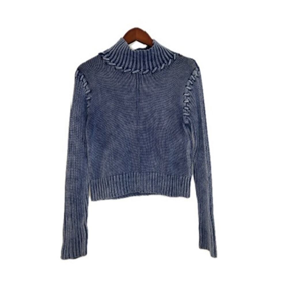 BLANKNYC Womens S Blue Cotton Mock Neck Lace Up Pullover Sweater